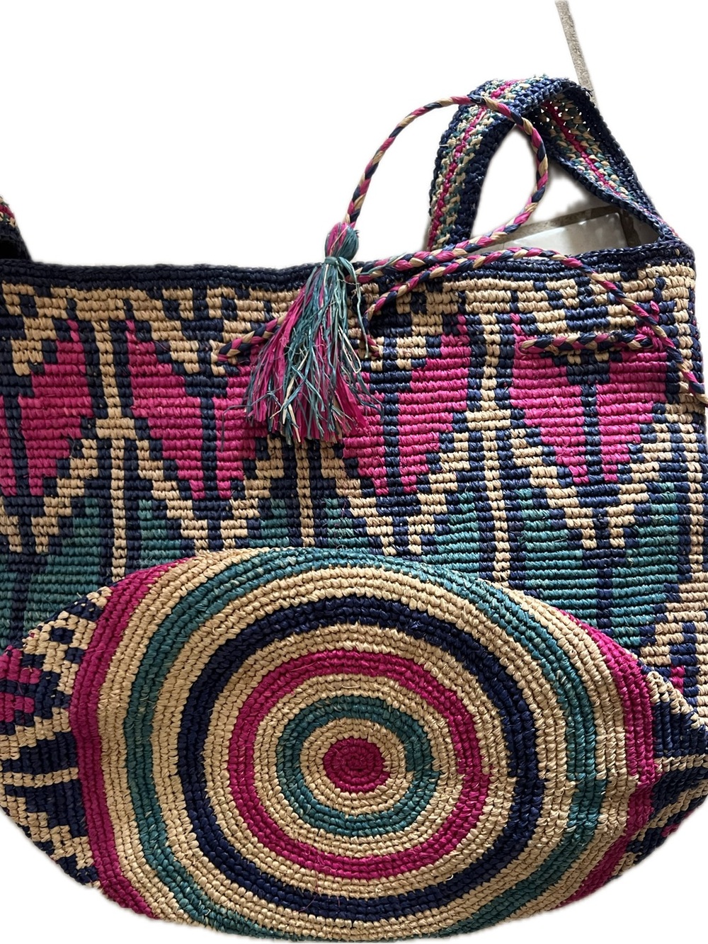 lovestitch Pink, Green & Navy Woven Drawstring Shoulder Bag